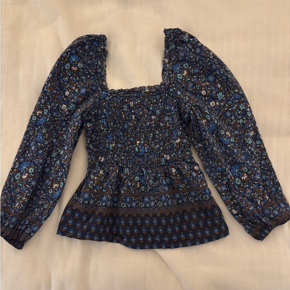 Vineyard Vines Navy Blue Floral Smocked Square-Neck Blouse
